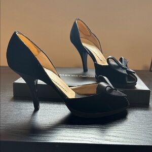 Black Satin Peep-Toe Heels